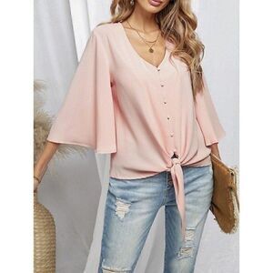 Womens Baby Pink Button Up V Neck Summer Loose Blouses Wide Flare Sleeves Large